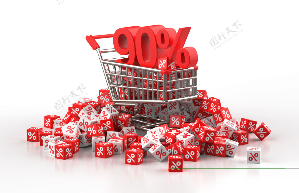 百分比90%的折扣销售概念与手推车和一堆红白立方体与百分比在三维插图渲染闪亮购买