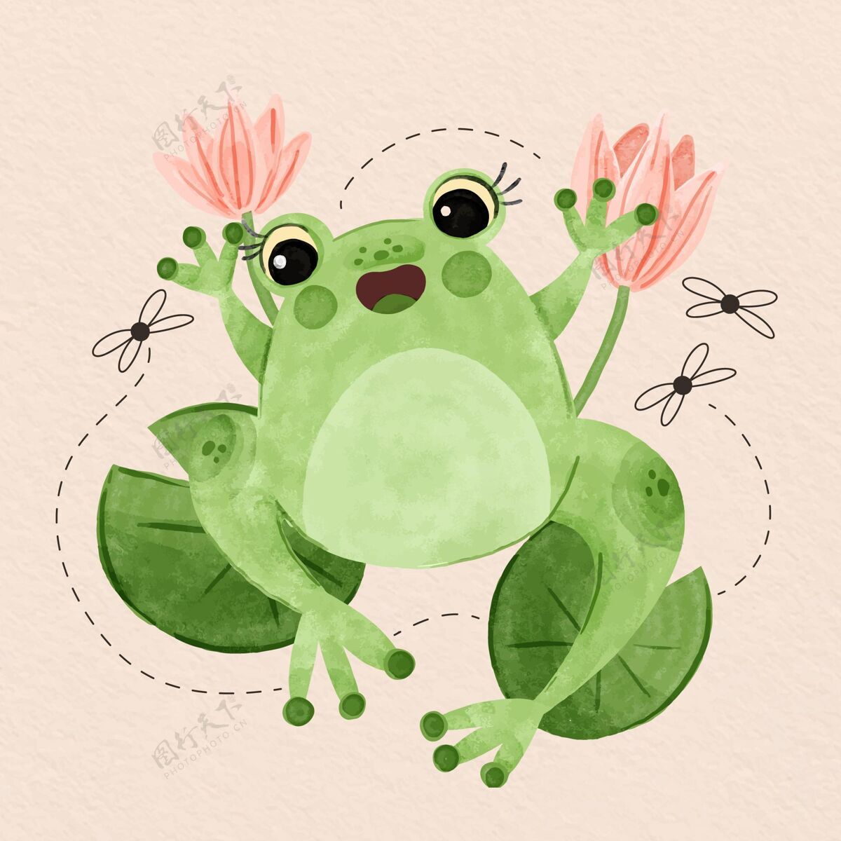 可爱手绘笑脸蛙插图水彩画自然野生动物