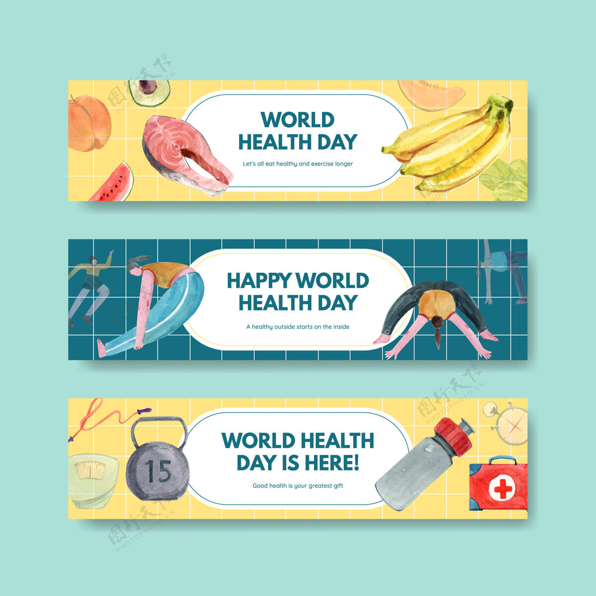 营销水彩画风格的世界卫生日横幅模板鲑鱼标志健康