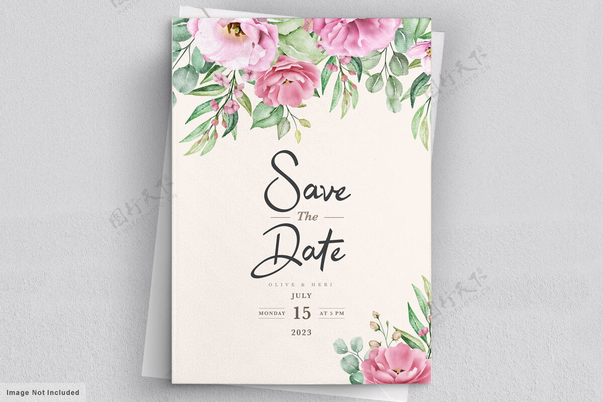 庆祝鲜花婚礼请柬模板集粉红玫瑰鲜花和树叶保存日期图形素描
