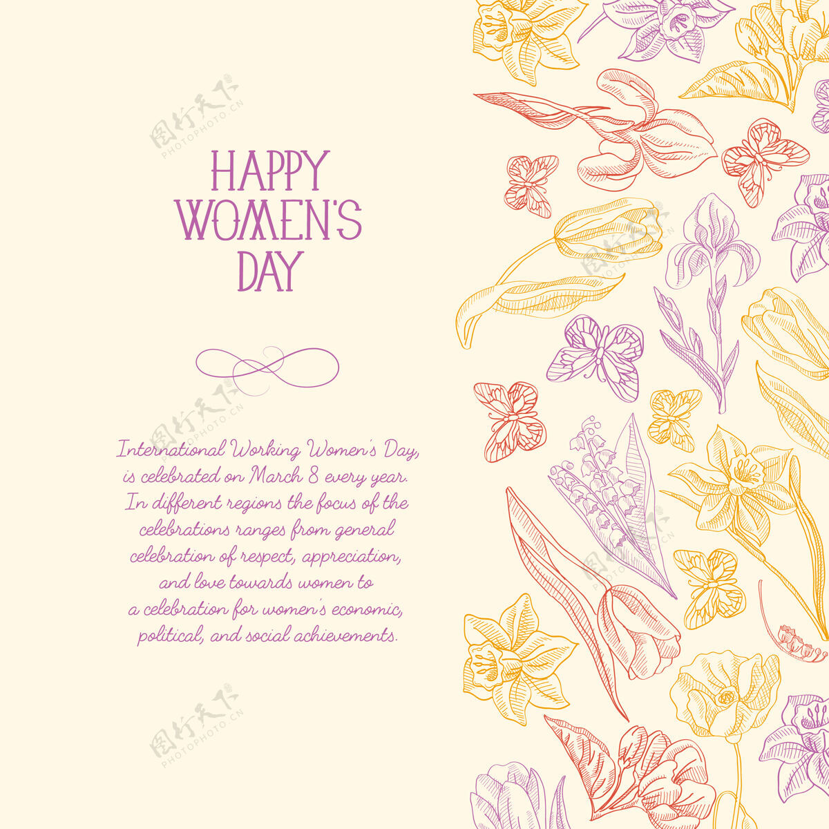 概念妇女节快乐贺卡 文字右侧有许多鲜花和问候语矢量插图时尚国际优雅