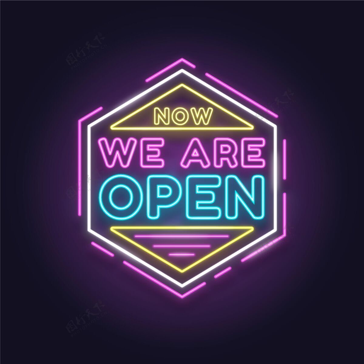 重新开业五颜六色的霓虹灯“我们开门”标志公告欢迎招牌