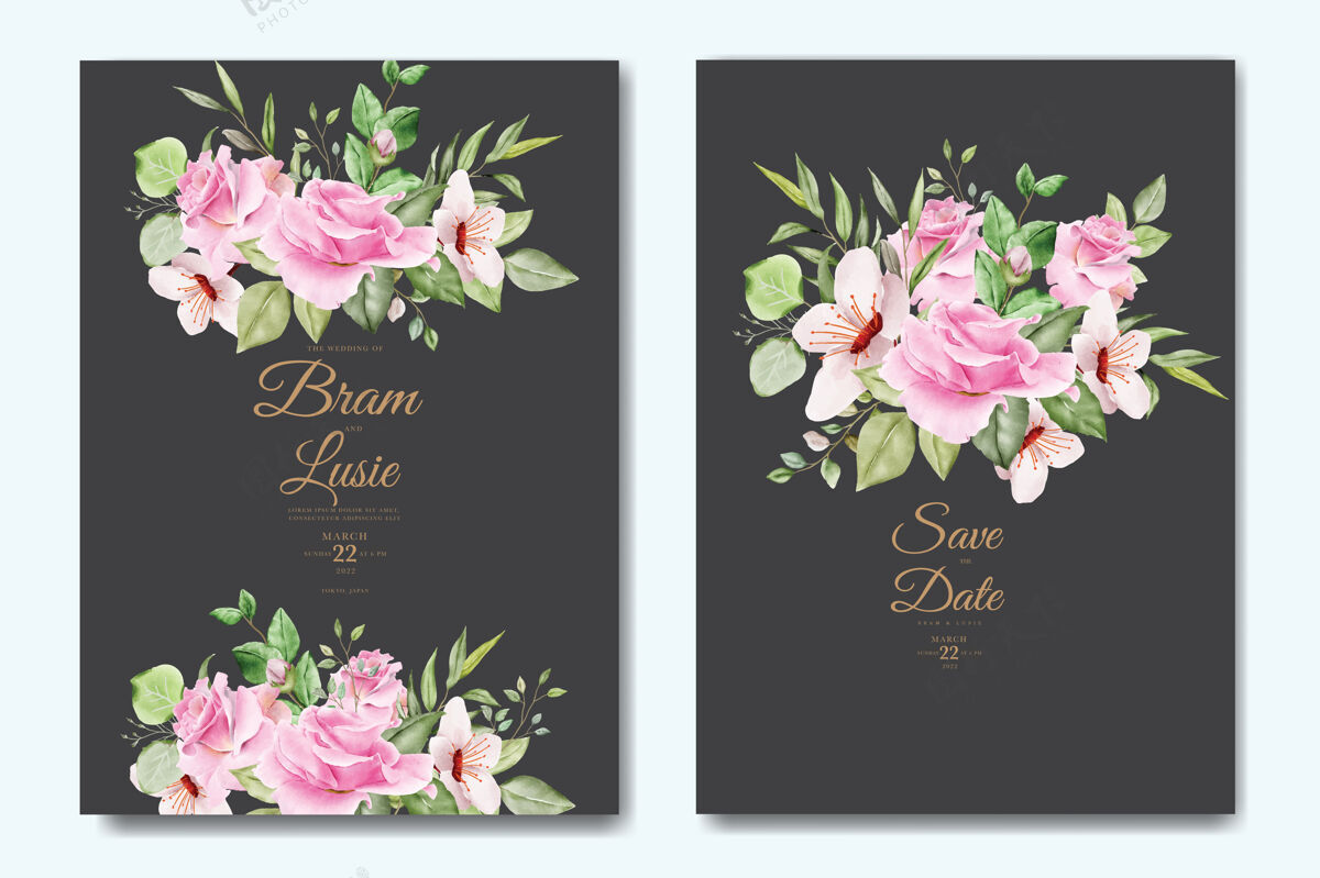 复古带有花叶水彩的婚礼请柬花卉卡片模板