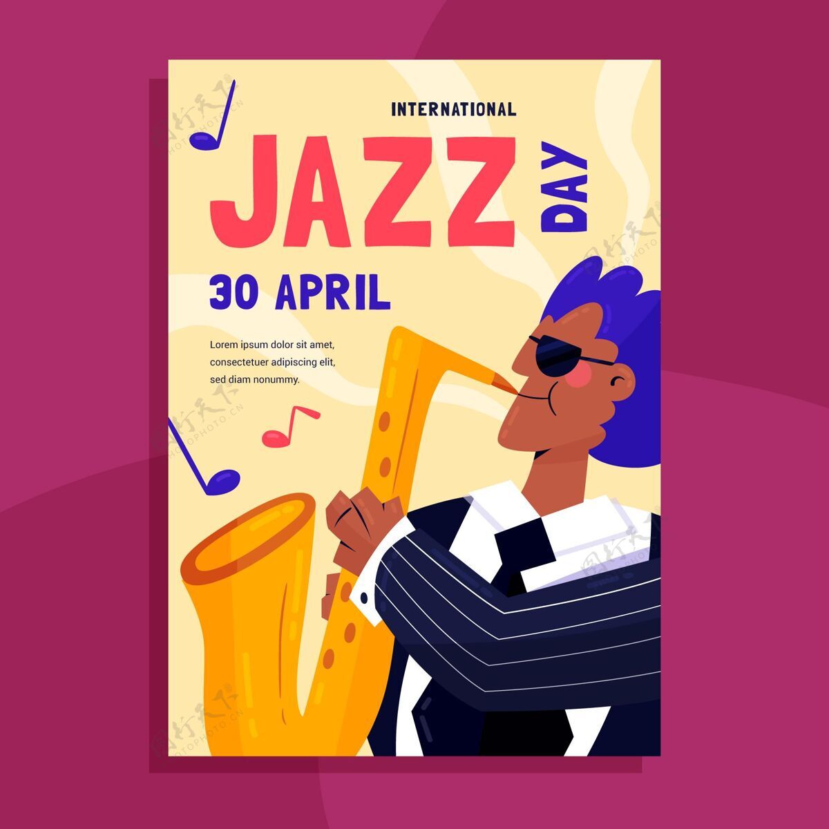 乐器手绘国际爵士日垂直海报模板文化萨克斯管爵士乐日
