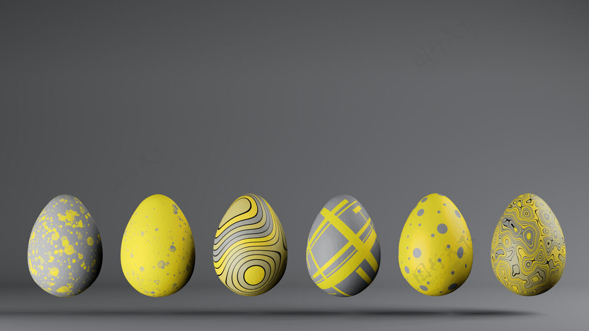 彩蛋六个复活节彩蛋排成一排 颜色为2021年流行的亮色和终极灰色 复制空间3d渲染春天绘画最小