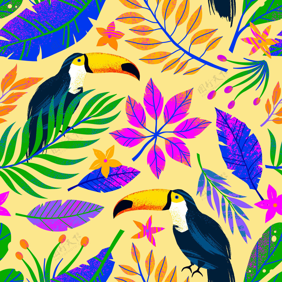 棕榈夏季无缝图案 手工绘制热带树叶五颜六色热带纺织品