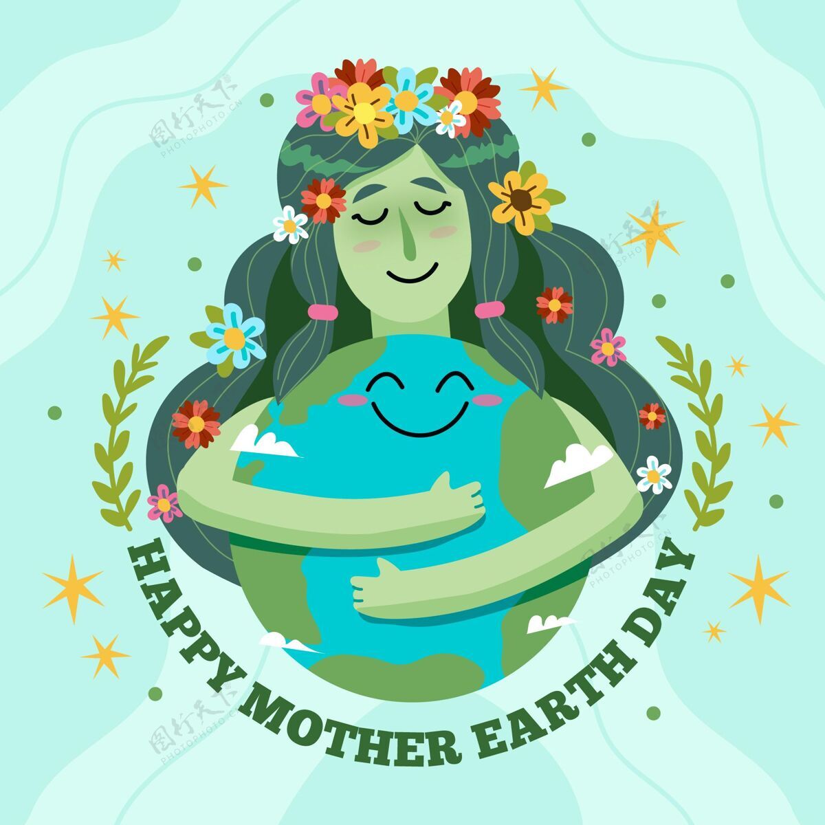 地球母亲日手绘地球母亲节插图花卉行星生物圈