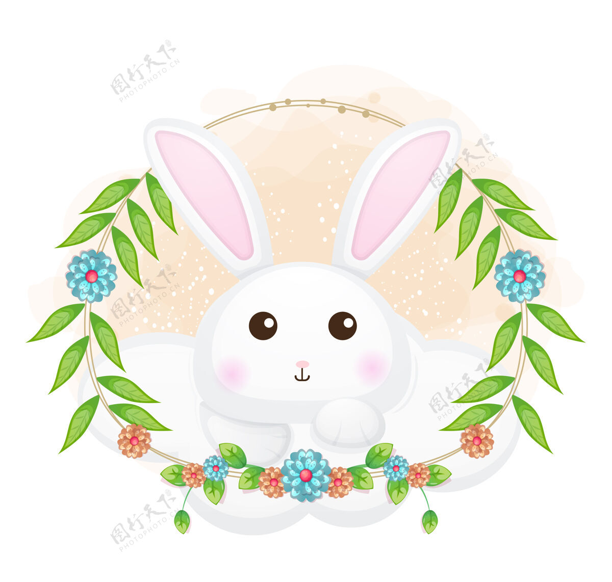 可爱可爱的云朵上的兔子与花卉卡通插画花卉动物兔子