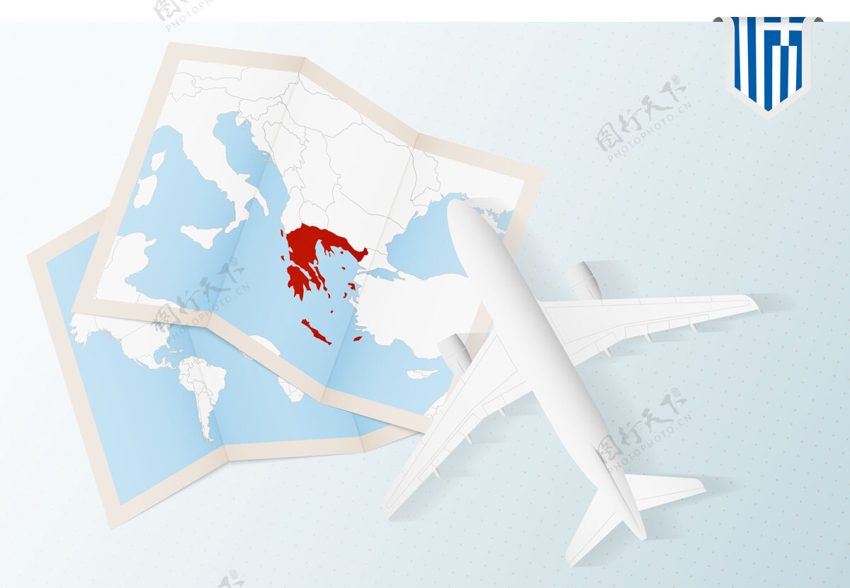 旅行俯瞰飞机与地图和希腊国旗飞机飞机旅行