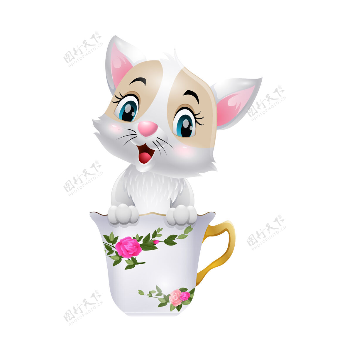 杯子可爱的小猫卡通坐在杯子里动物人物咖啡
