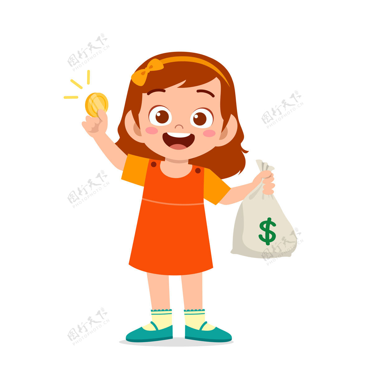 孩子可爱的小女孩带着一袋现金和硬币银行麻袋硬币