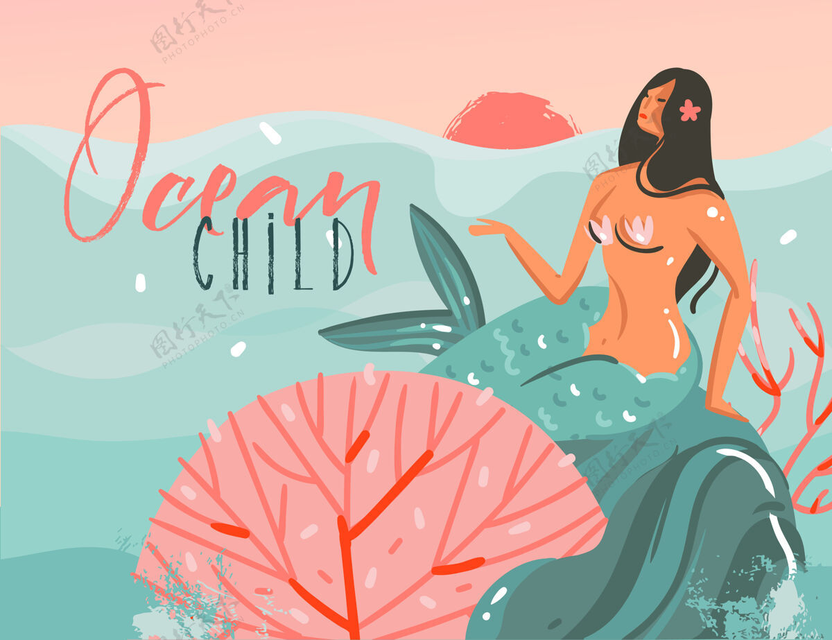 年轻手绘卡通插画与海洋日落场景 美人鱼女孩和海洋儿童版式引用孤立手阳光游泳