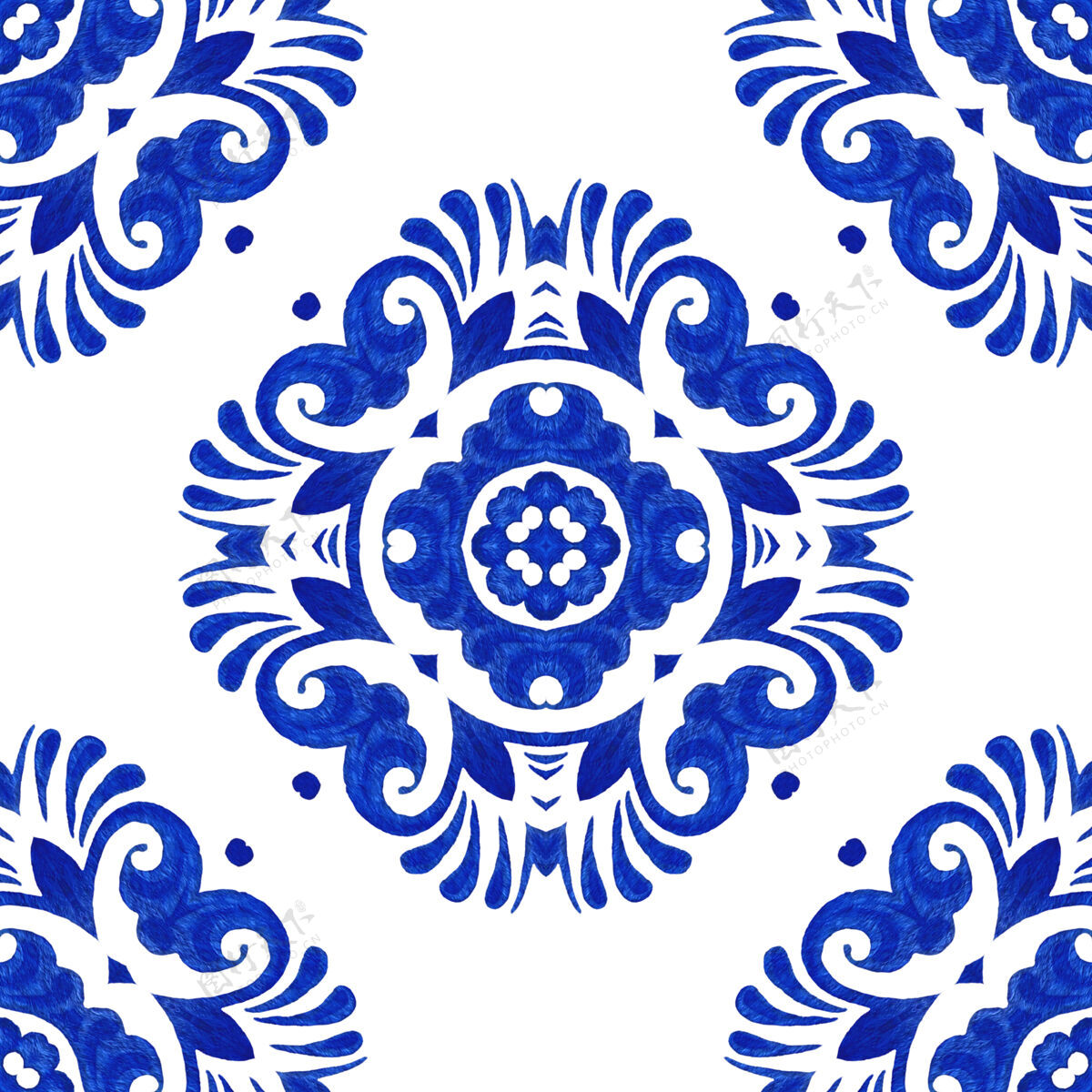 陶瓷抽象蓝白手绘纹理瓷砖无缝装饰水彩图案织物颜色优雅