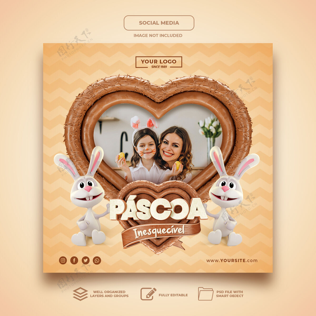 复活节快乐巴西心巧克力模板复活节社交媒体兔子社交媒体复活节