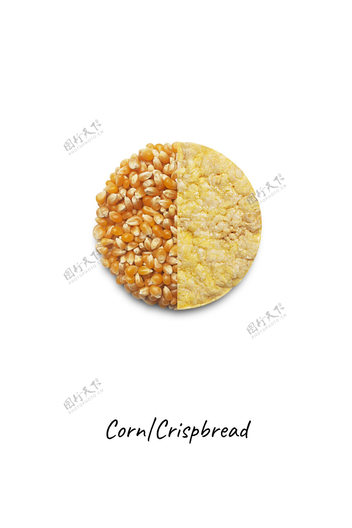 植物全麦脆面包和玉米隔离在白色背景上 俯视图蓬松主食全麦