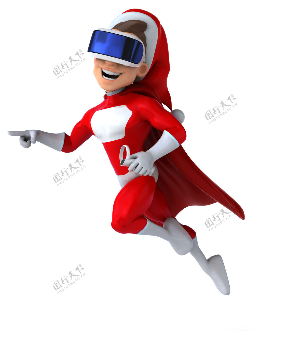 游戏有趣的三维插图超级圣诞老人与虚拟现实头盔科技圣诞老人科技
