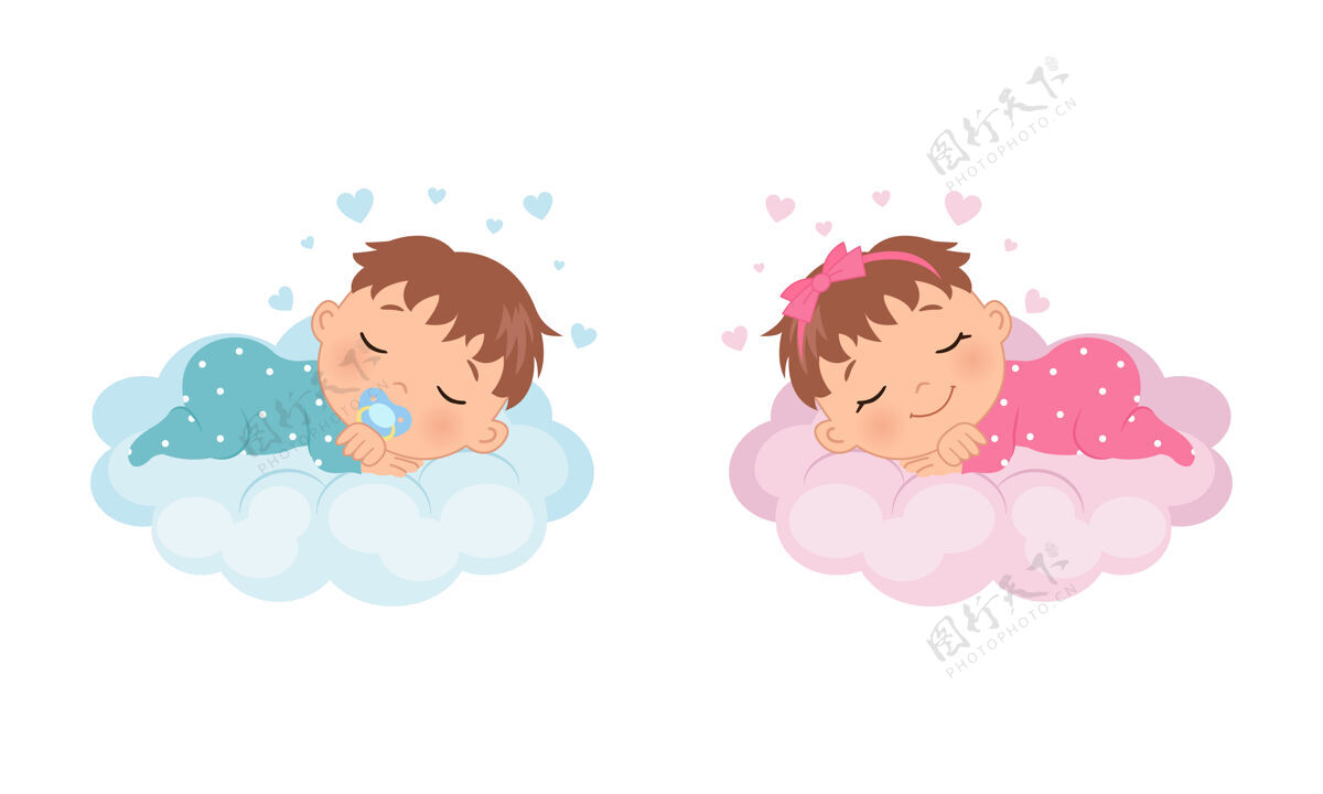 天空可爱的小女孩和男孩睡在云上新生儿卡瓦伊卡通