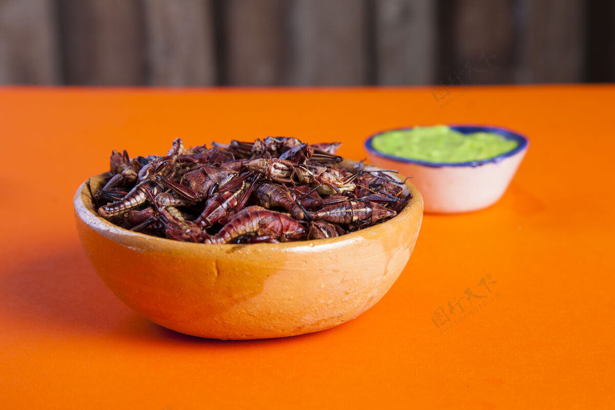 文化蚱蜢小吃.传统的墨西哥菜酱汁传统鳄梨酱