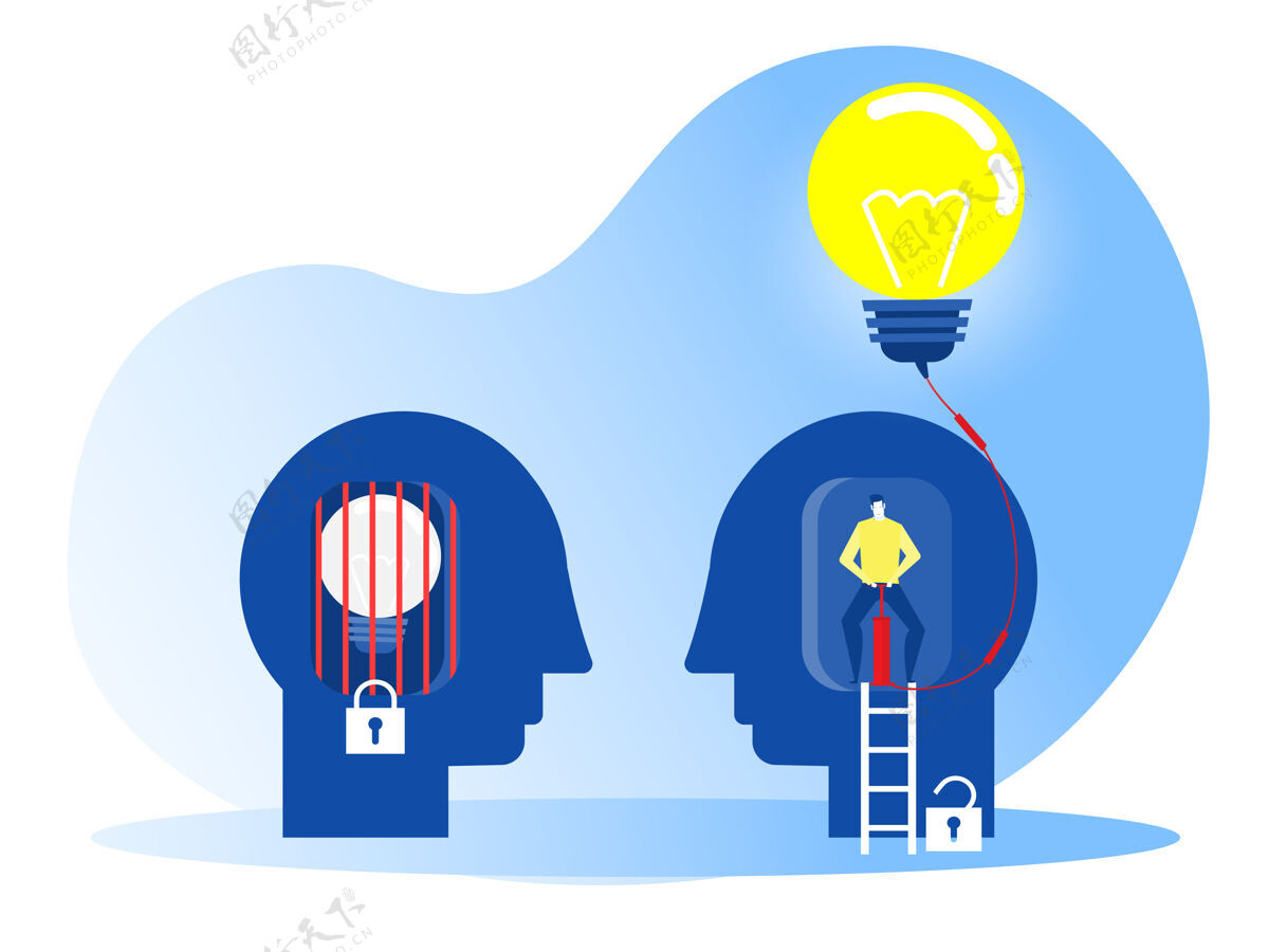 投资用气泵吹灯泡的人用不同的思维定势成长思维定势概念插画家经理商人人