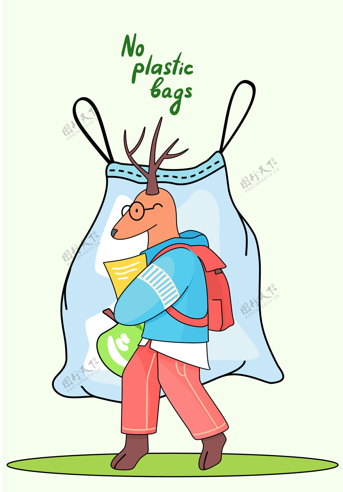 一次性卡通鹿小学生背着背包去上学废物垃圾危害