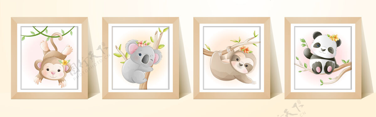 画框水彩可爱的卡通热带动物与框架水彩熊猫人物
