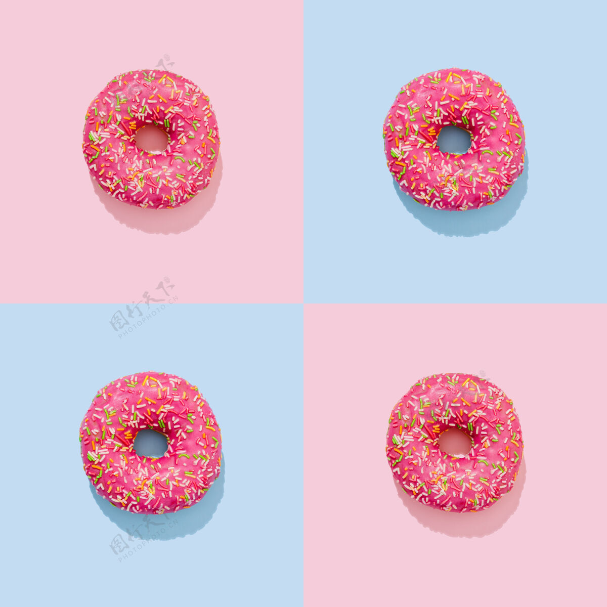 五颜六色粉红色釉面上的油炸圈饼 带有波普艺术风格的彩色喷溅洒水圆形釉面