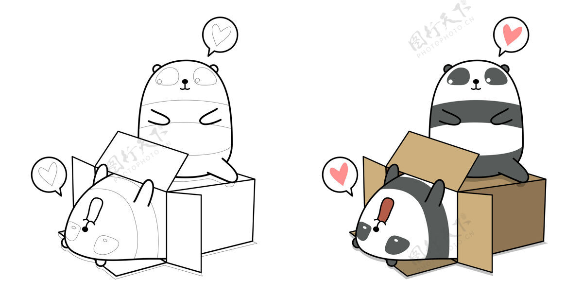 插图可爱的熊猫在盒子与朋友卡通彩页儿童野生可爱熊猫