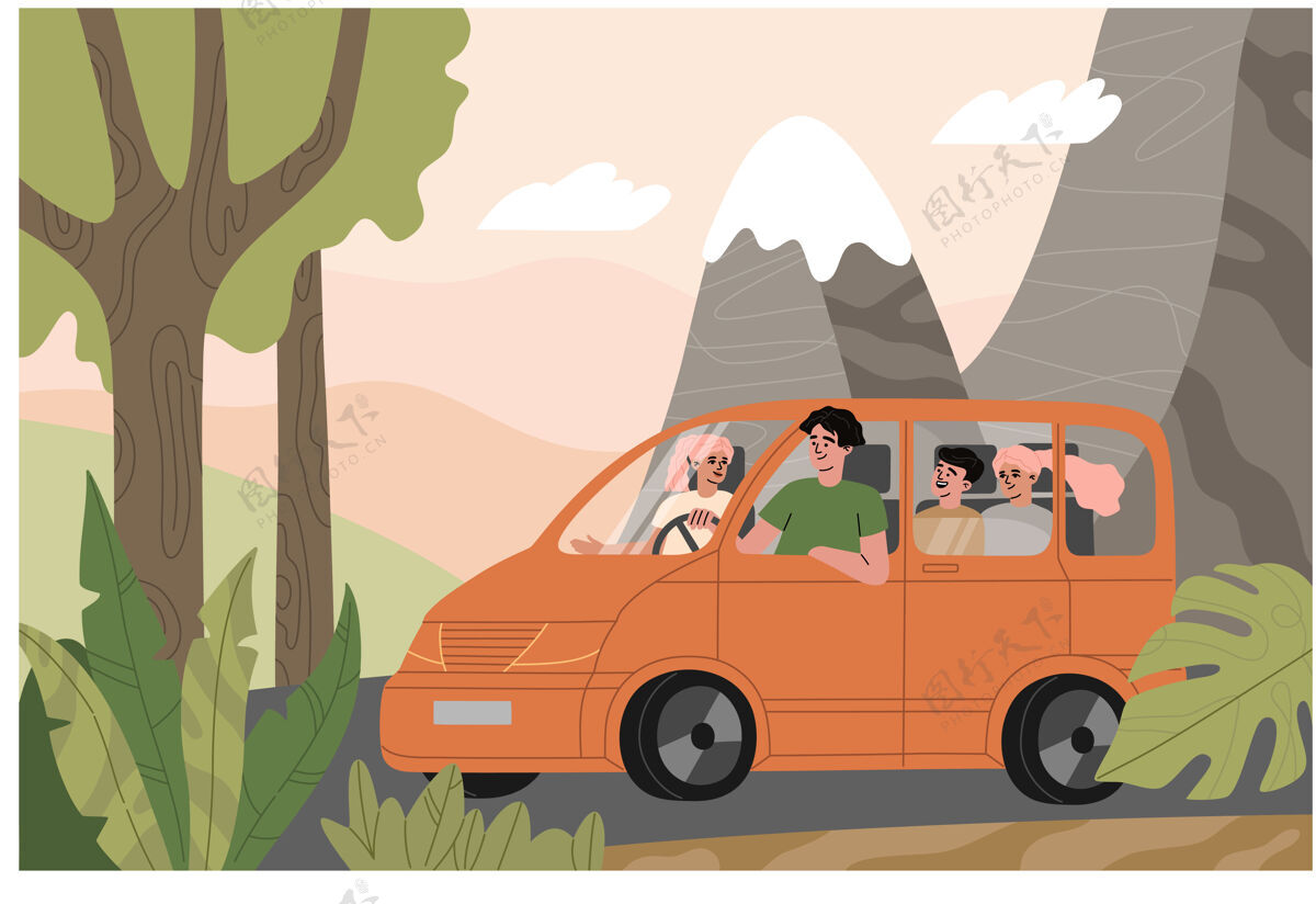 旅行一家人坐着橙色的车旅行 大自然的风景在阳光下背景快乐父母带着孩子去山上度假汽车手画在平面纸箱风格的插图男孩男人孩子