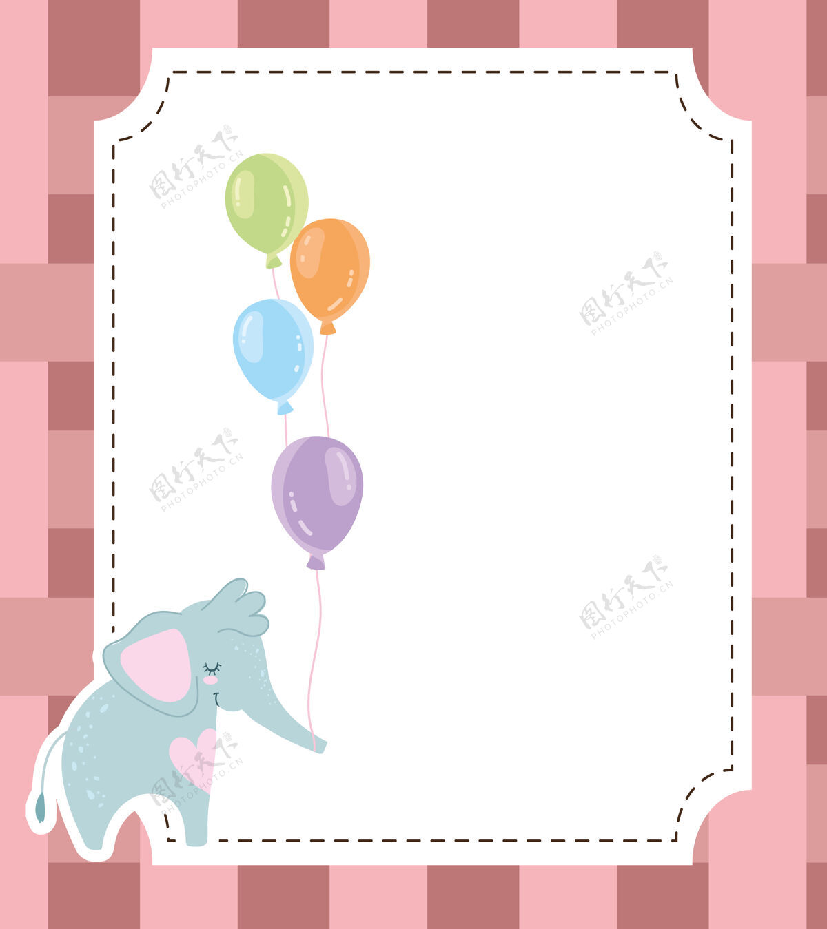 庆祝婴儿淋浴可爱的大象和气球请柬矢量插图动物快乐淋浴