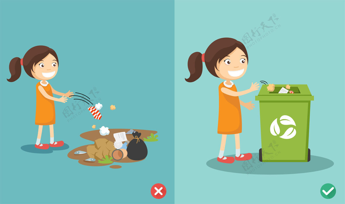回收不要乱扔垃圾女孩篮子小心