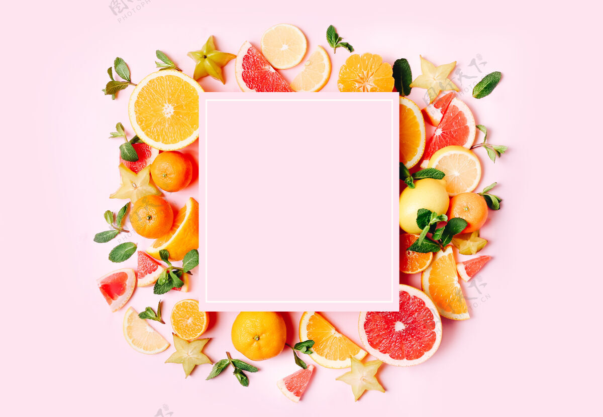 成分新鲜的柑橘类水果形成了粉红色的框架自然护理最小
