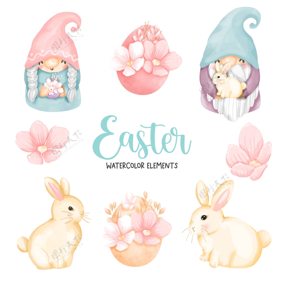兔子水彩画复活节快乐 可爱的侏儒和复活节兔子复活节动物水彩画