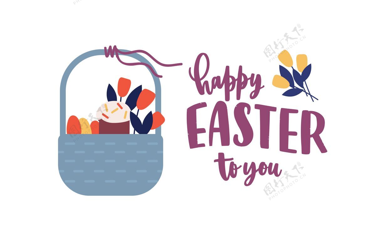 装饰喜庆的贺卡模板 用优雅的草书字体手写祝你复活节快乐 篮子里有鸡蛋和鲜花脚本愿望篮子