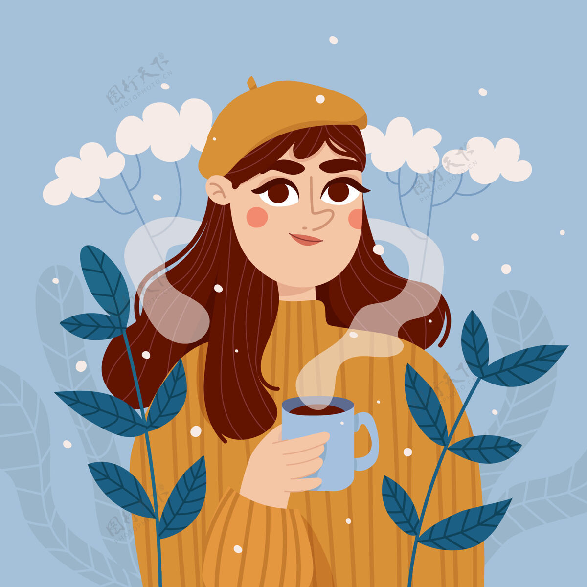 树叶手持咖啡杯的女性角色女人冬天雪