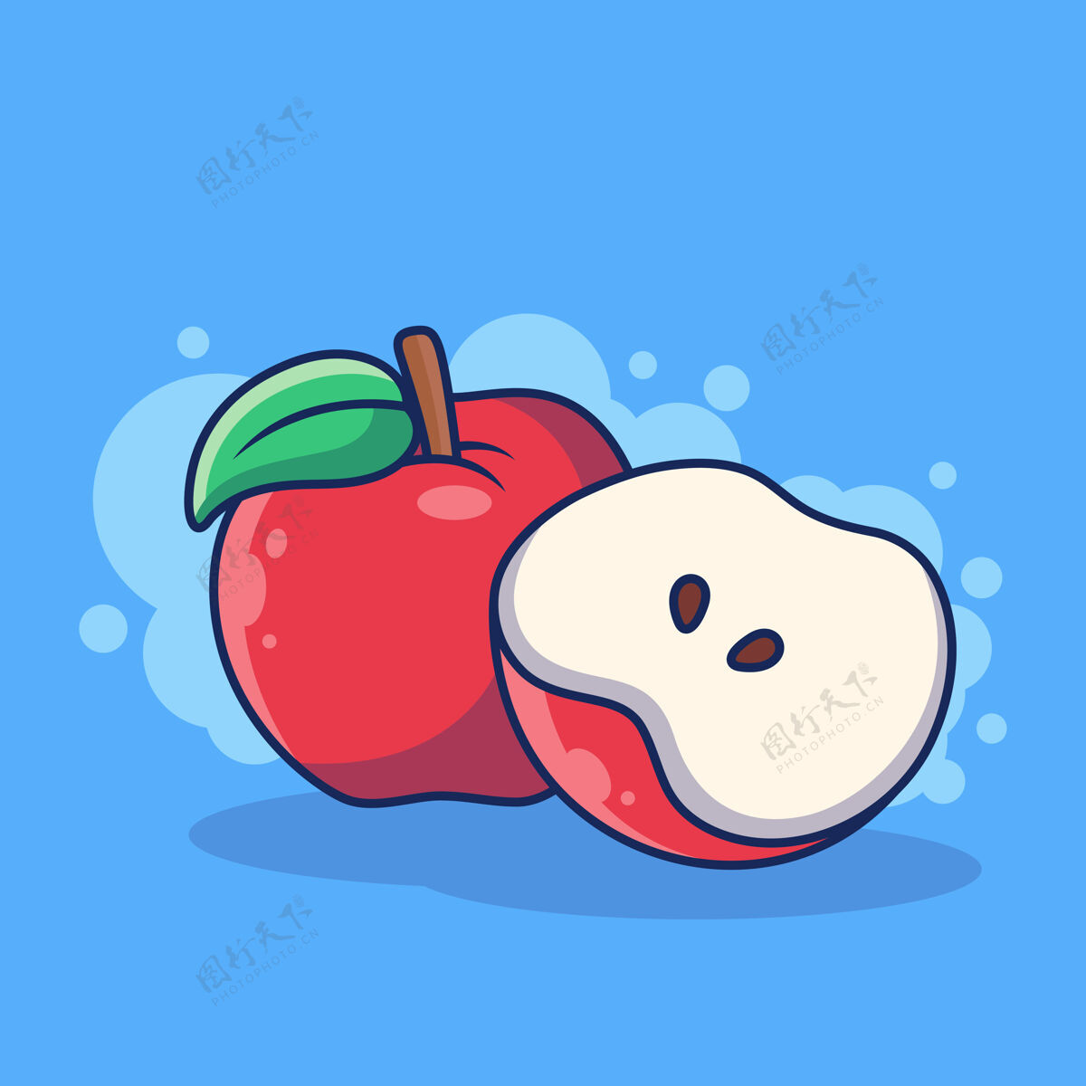 健康苹果水果图标插图.苹果还有几片苹果 水果图标概念隔离在蓝色背景上卡通夏天有机