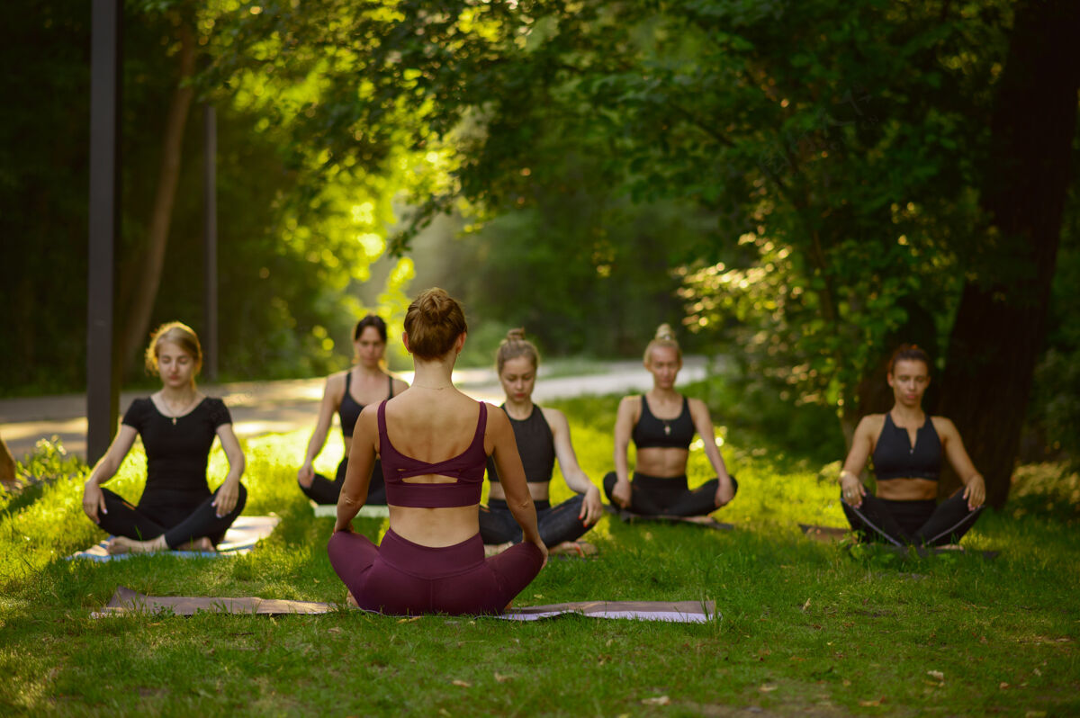 爱好女子坐在草地上做瑜伽姿势 集体训练快乐人平衡