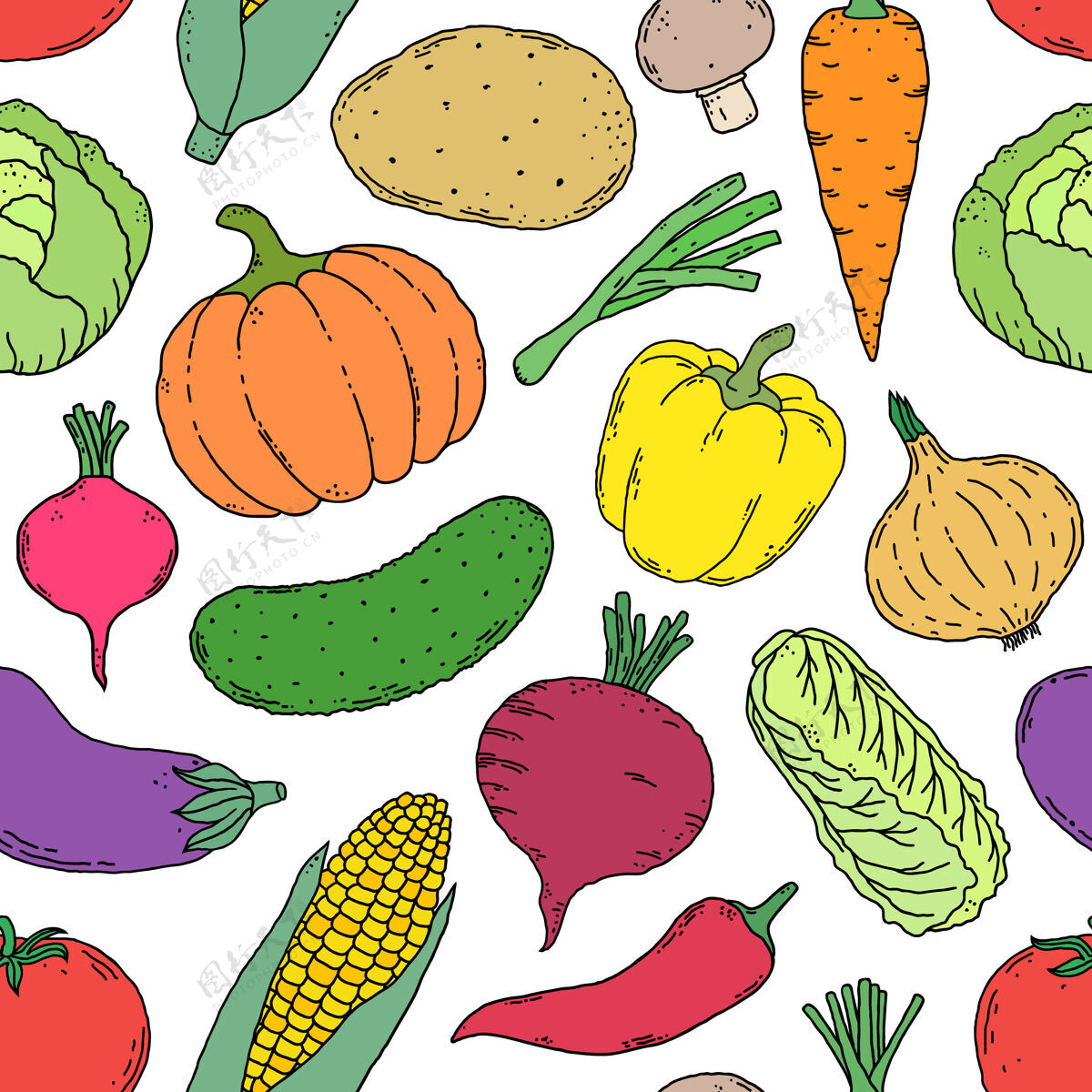 甜菜手绘蔬菜的无缝图案茄子土豆胡椒