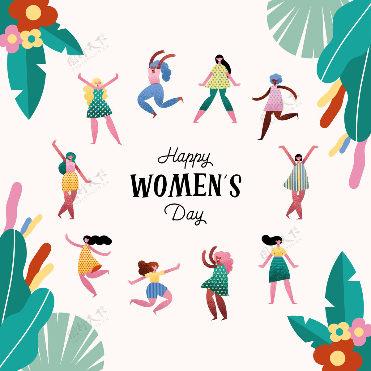 国际快乐妇女节女孩和花卉框架插图刻字卡多样性节日跨种族