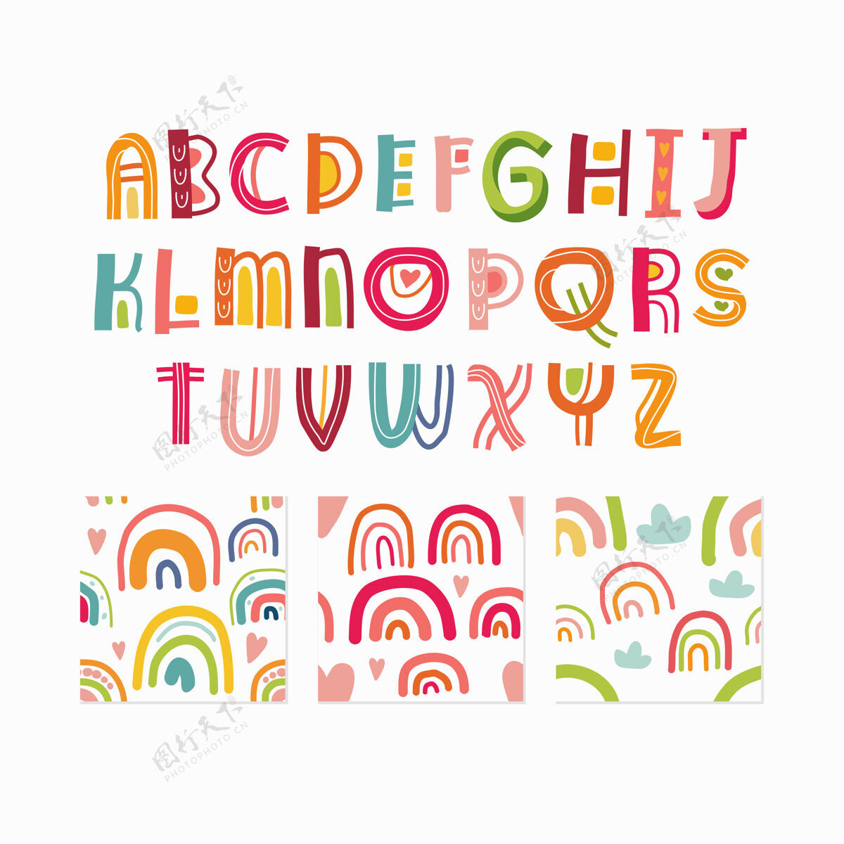 卡通字母和无缝模式集隔离在白色装饰涂鸦彩虹