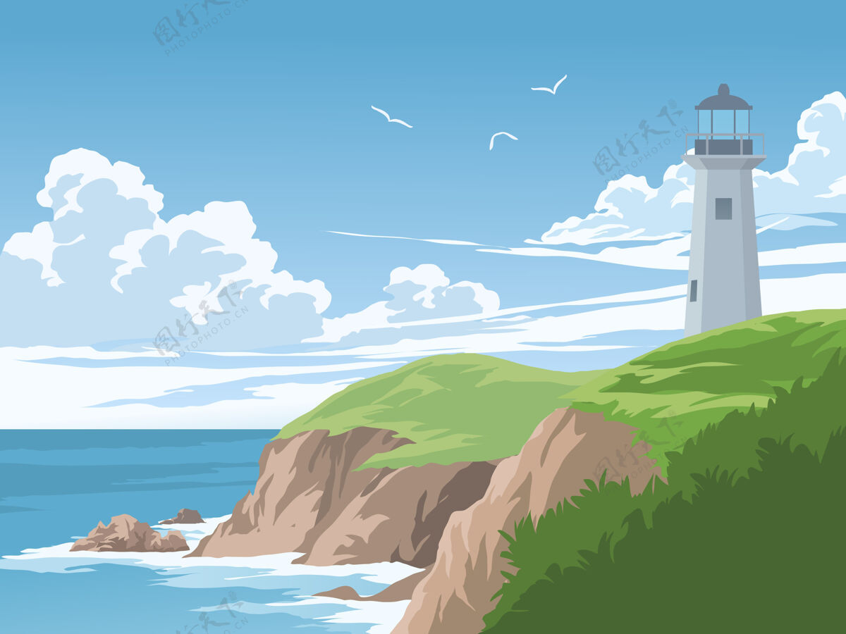 灯塔晴天有灯塔的美丽海岸海岸线鸟海岸