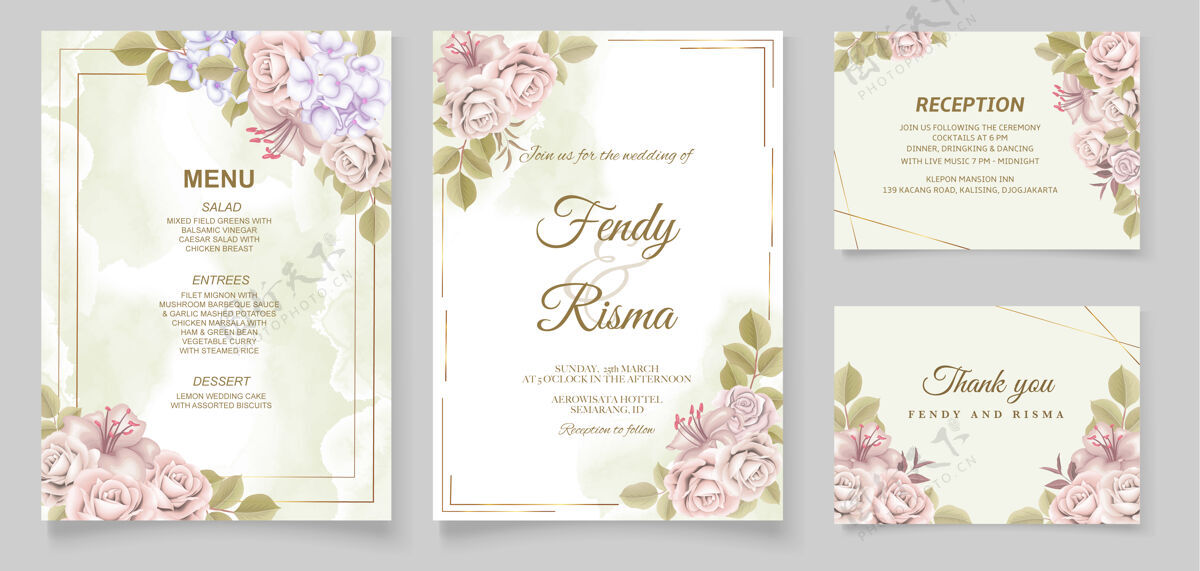 花卉优雅的手绘婚礼请柬花卉设计卡片设置模板