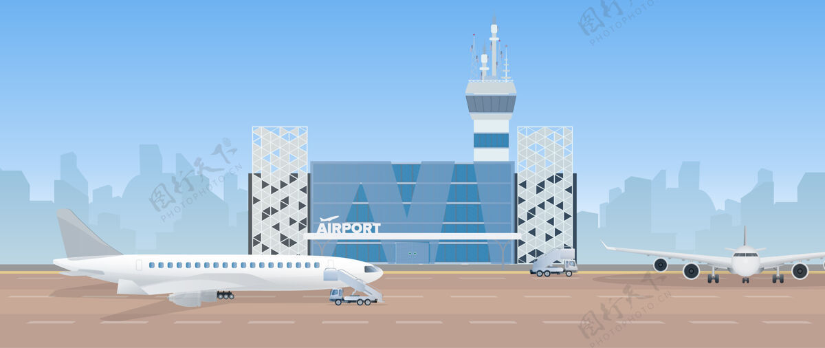 蓝色现代机场跑道飞机上跑道.机场在公寓里风格.城市轮廓插图木材背景城市