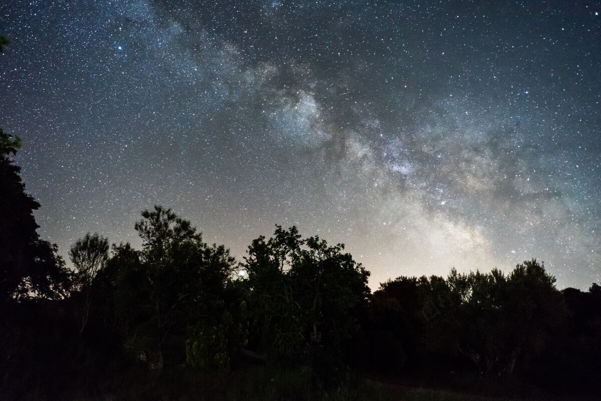 大自然夜空与银河以上的森林在西班牙天空银河废墟