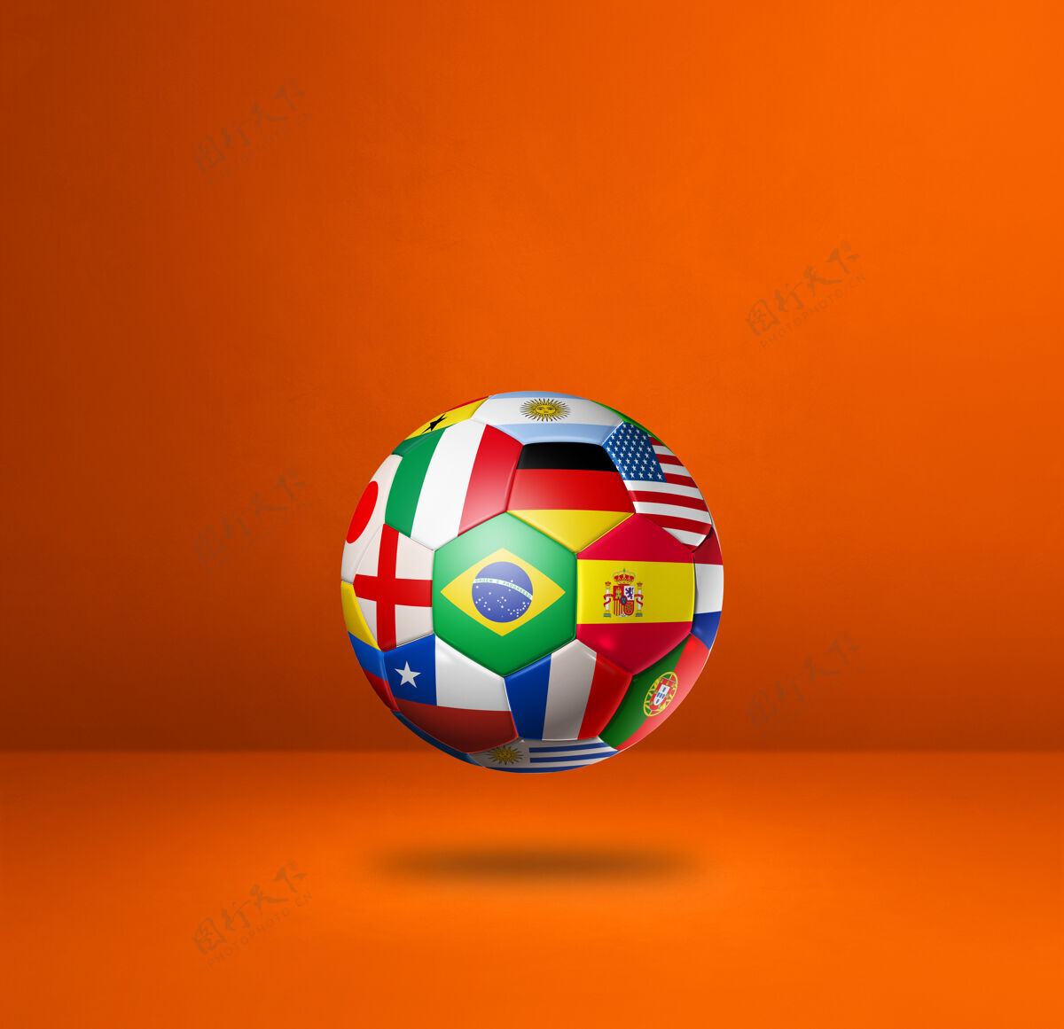 运动橙色背景上有国旗的足球皮革足球空白空间