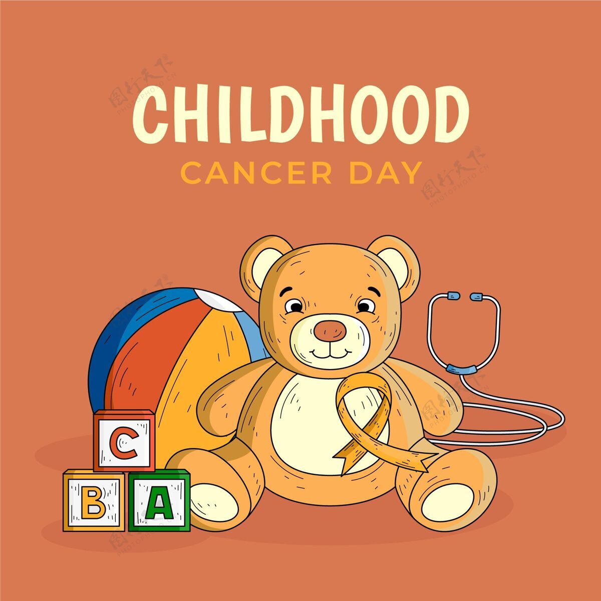 健康儿童癌症日与泰迪熊手绘癌症童年疾病