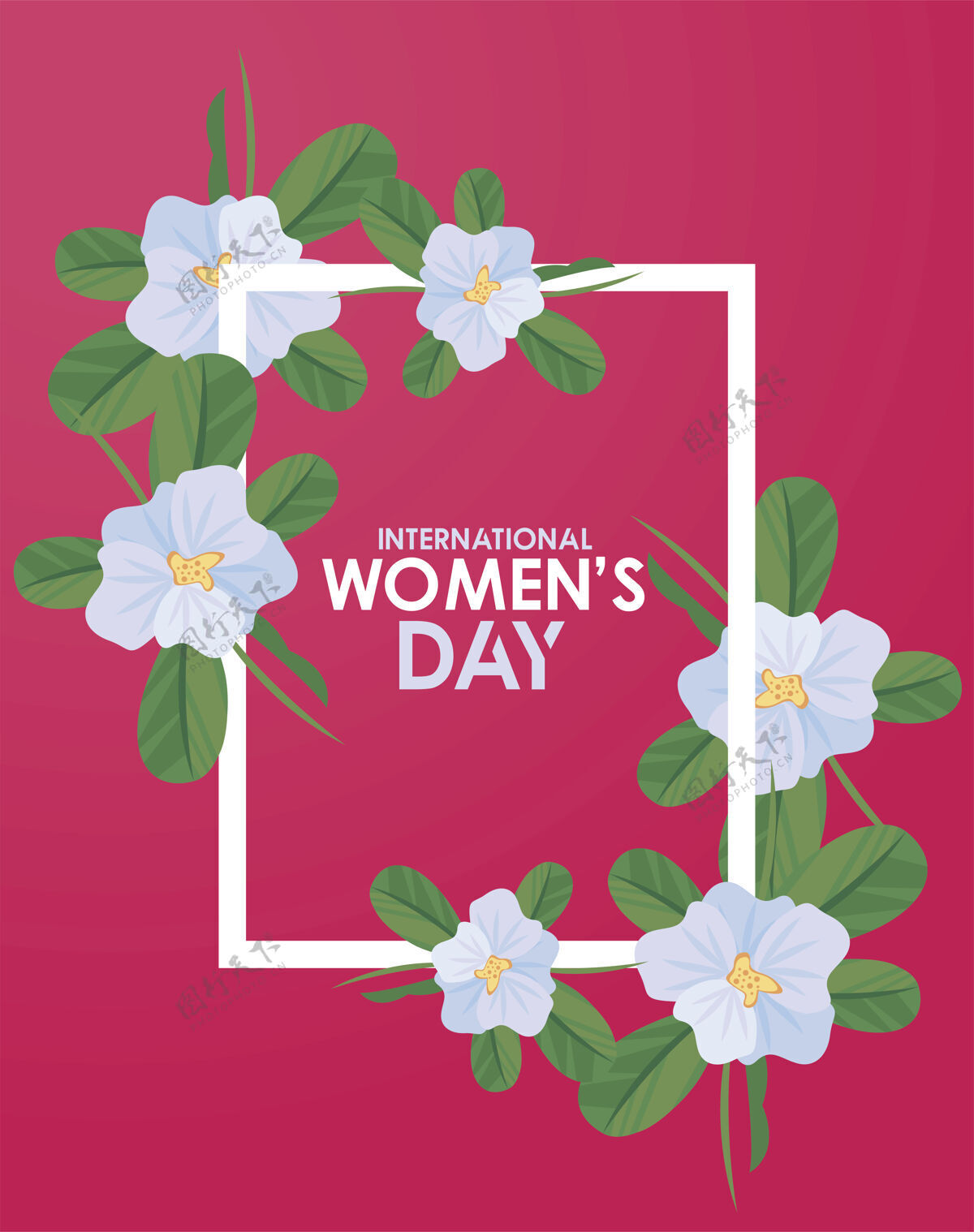 绿色国际妇女节庆典海报 花卉方形框架插图刻字粉色节日蓝色