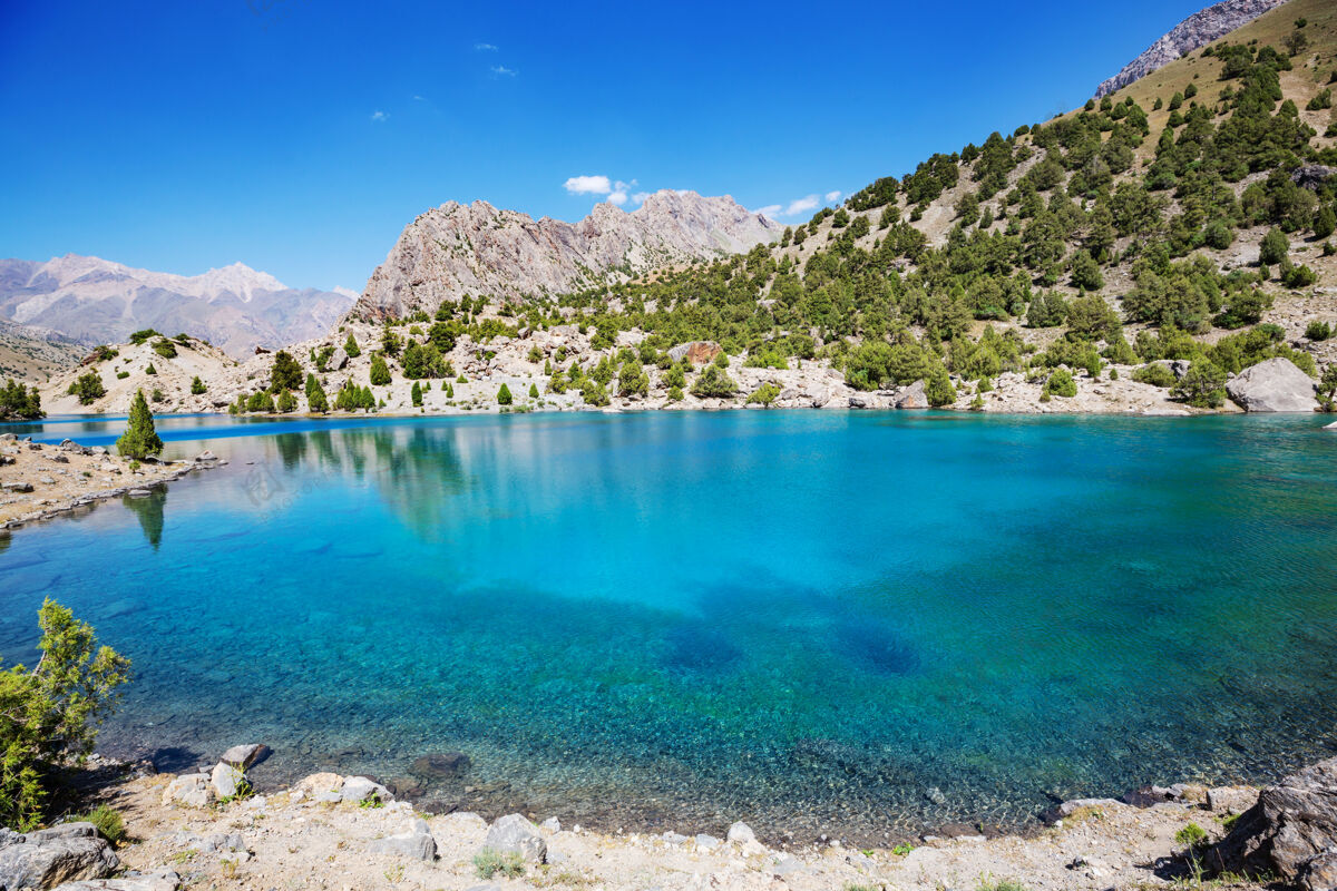 山美丽宁静的湖泊在芬斯山脉（帕米尔的分支）在塔吉克斯坦景色公园山景