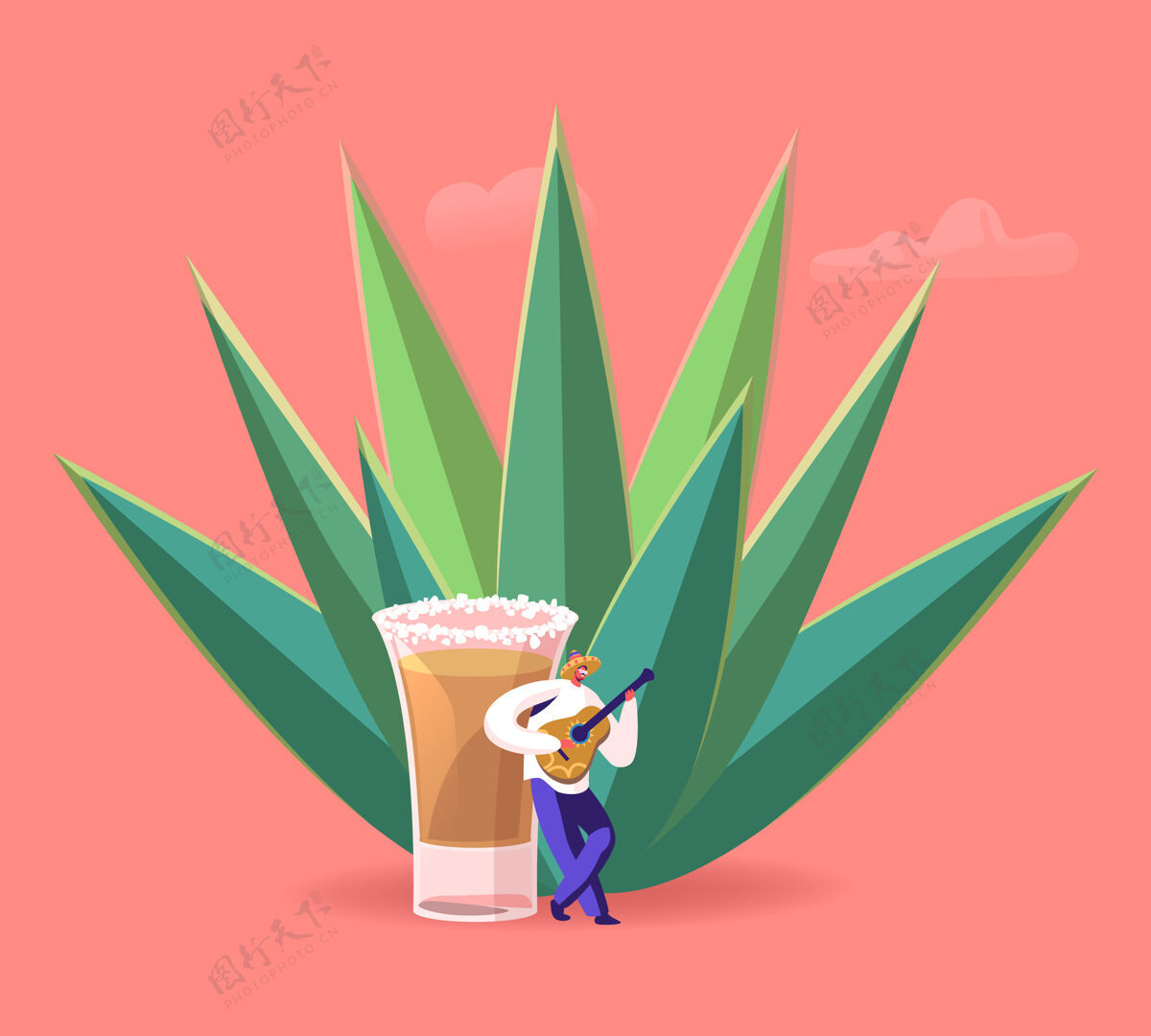 墨西哥小小的男性角色穿着丝巾弹吉他站在巨大的龙舌兰植物和龙舌兰酒拍摄伏特加切片液体