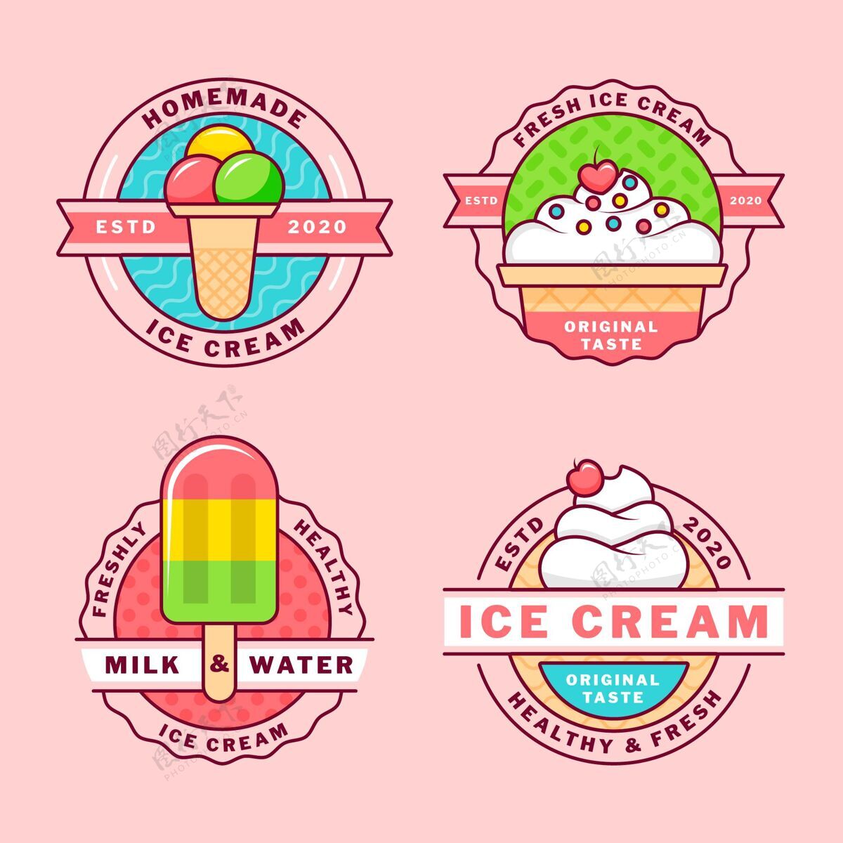 冰淇淋扁平冰淇淋标签系列小吃标签美味