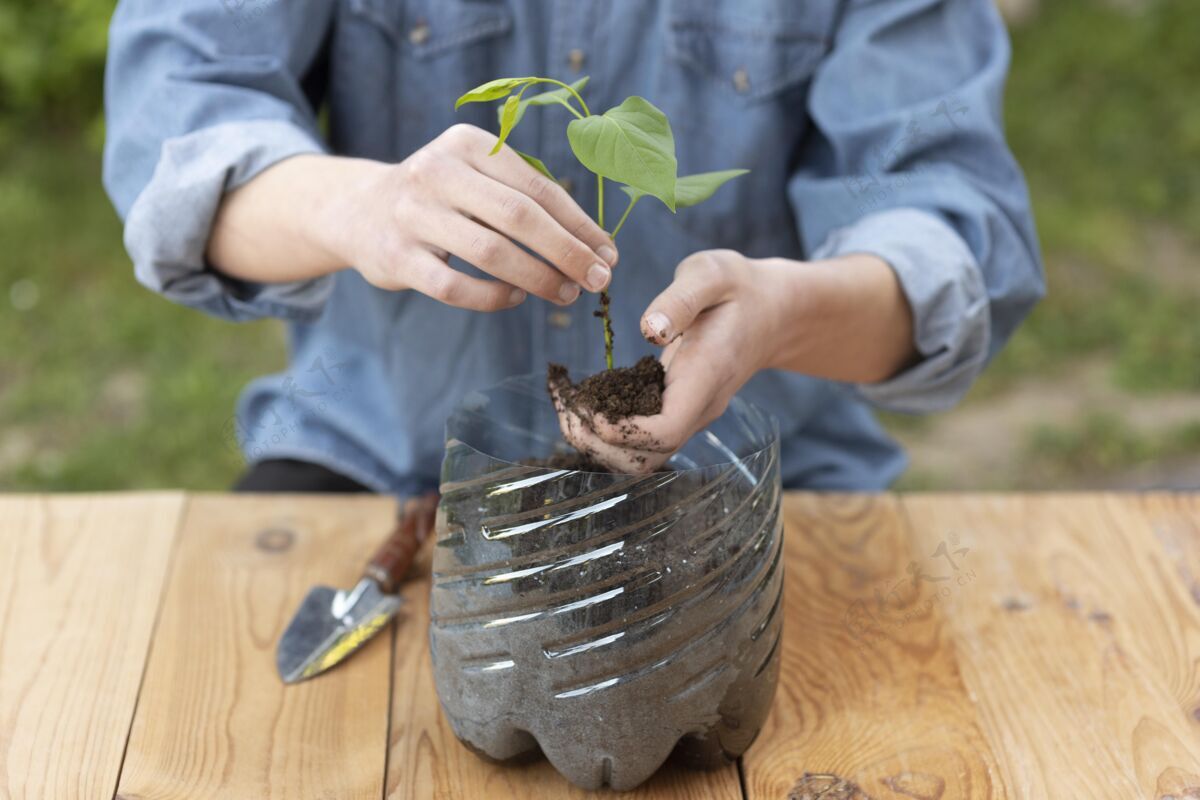 可持续性把植物放在塑料盆里的人环境减少生态